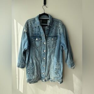 BlankNYC Long Distressed Studded Denim Jacket
